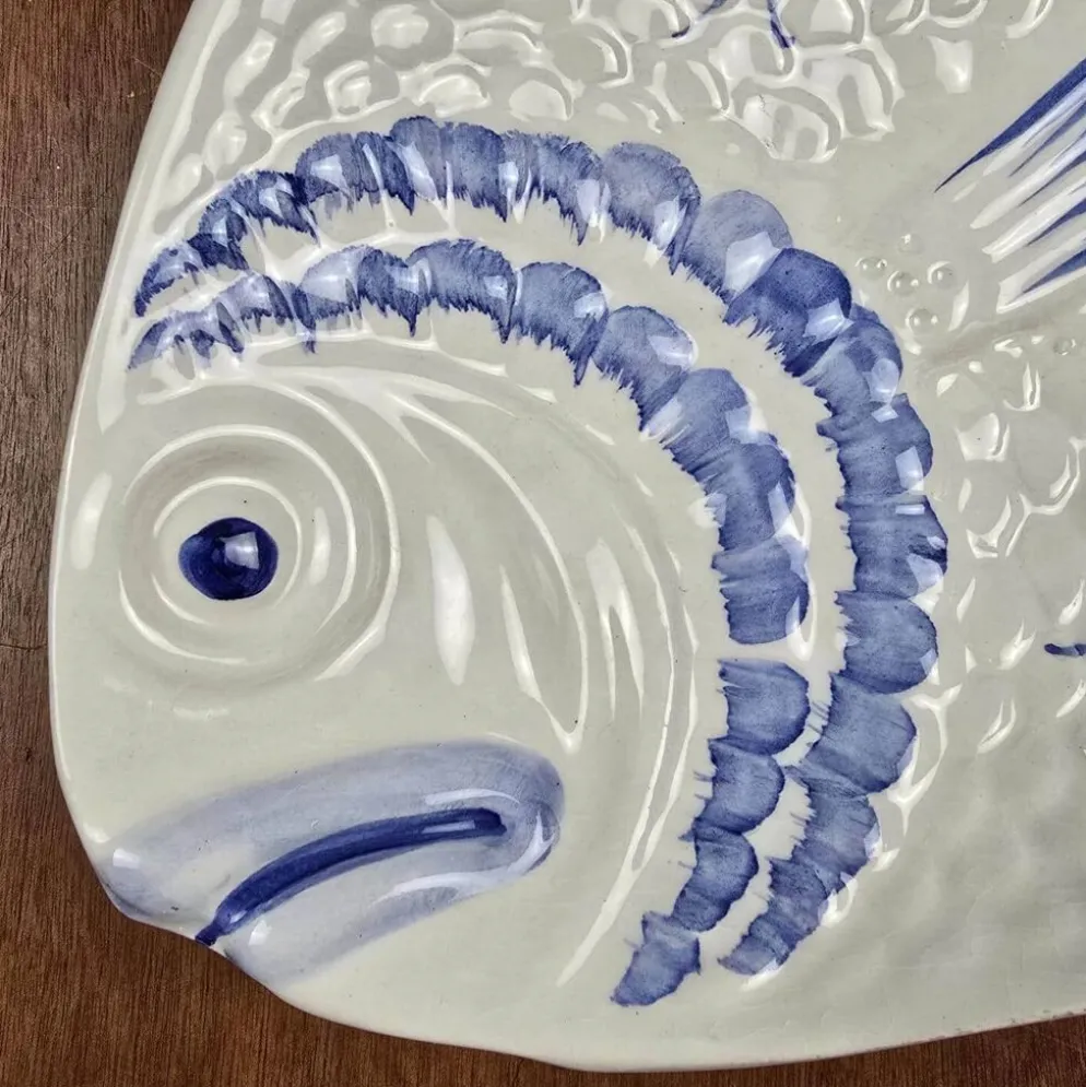 Elégant grand plat poisson vintage Portugal – Céramique bleu cobalt – 45 cm