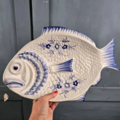 Elégant grand plat poisson vintage Portugal – Céramique bleu cobalt – 45 cm