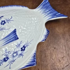 Elégant grand plat poisson vintage Portugal – Céramique bleu cobalt – 45 cm
