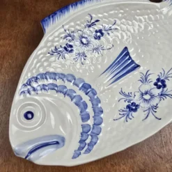 Elégant grand plat poisson vintage Portugal – Céramique bleu cobalt – 45 cm
