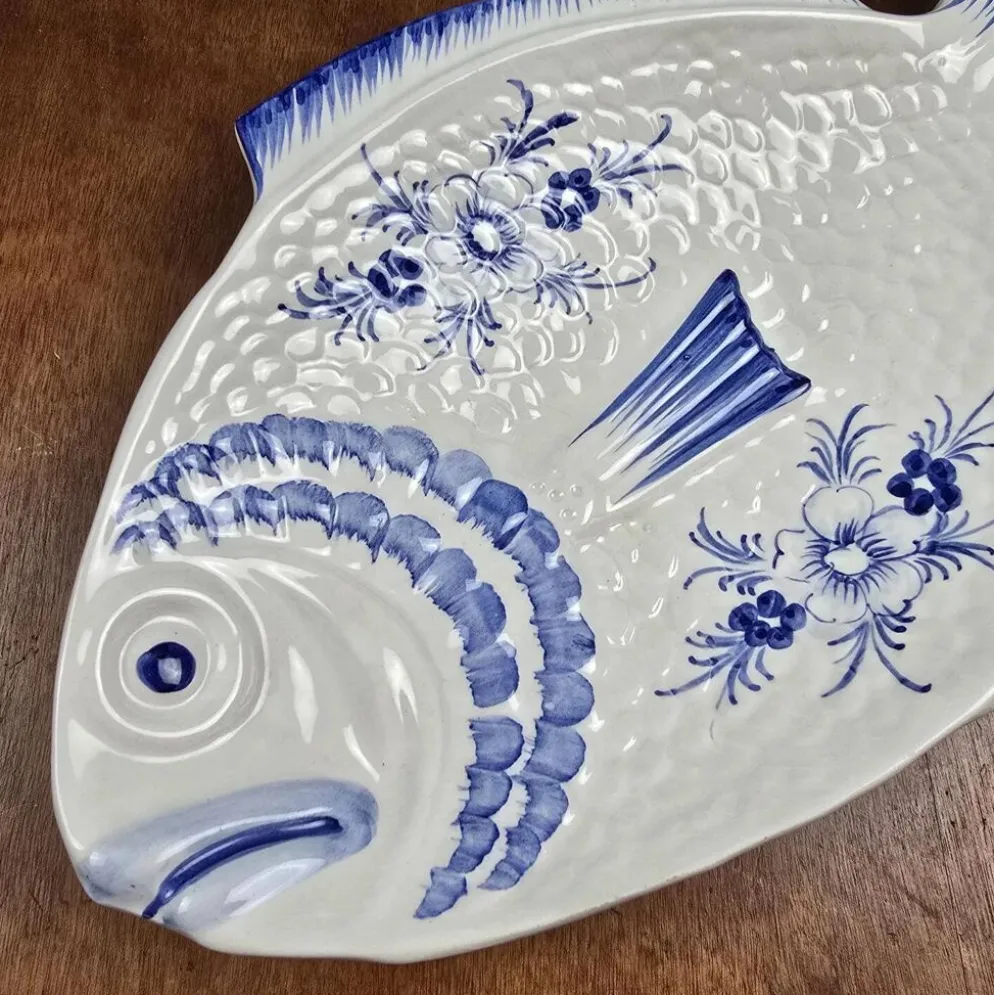 Elégant grand plat poisson vintage Portugal – Céramique bleu cobalt – 45 cm
