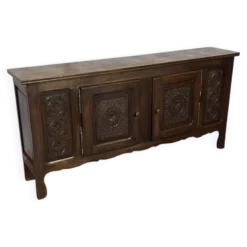 Enfilade basse vintage en chêne massif sculpté, style basque