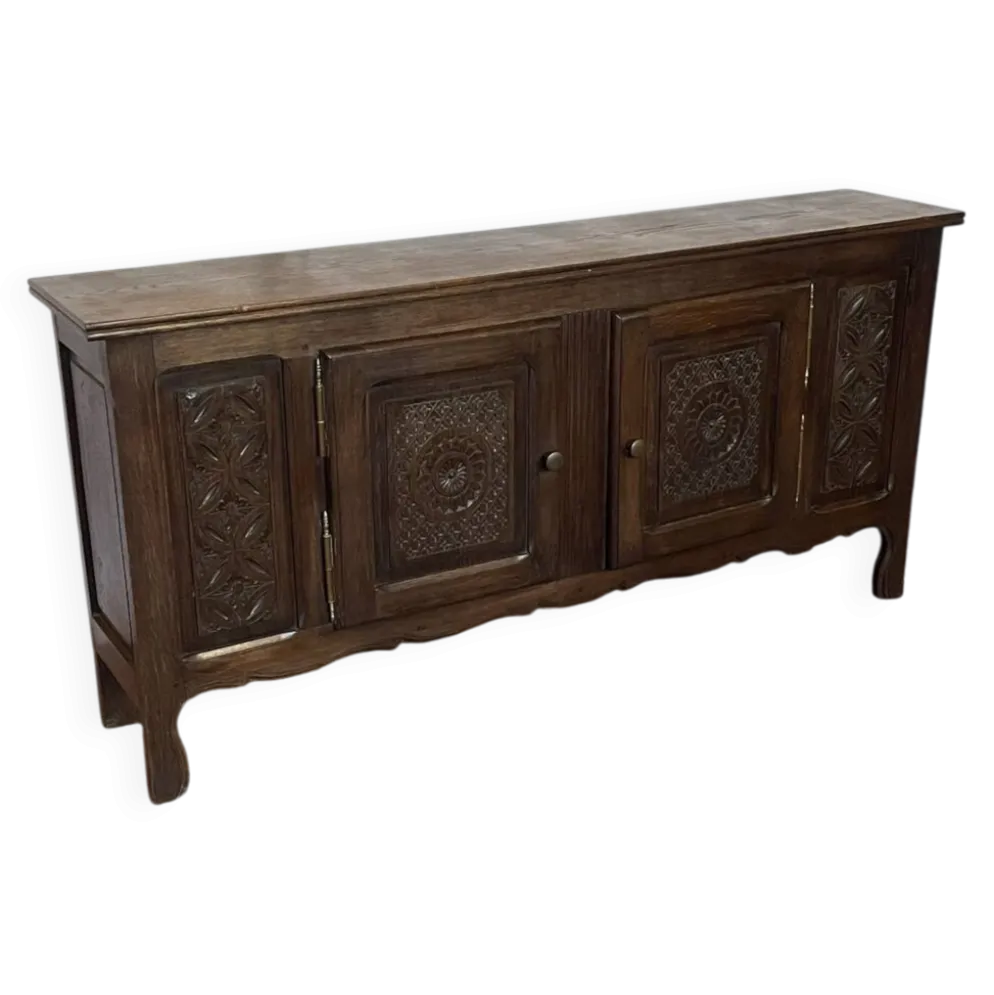 Enfilade basse vintage en chêne massif sculpté, style basque