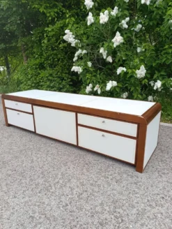 Enfilade / meuble tv cuir surpiqué par Michel boyer 60/70