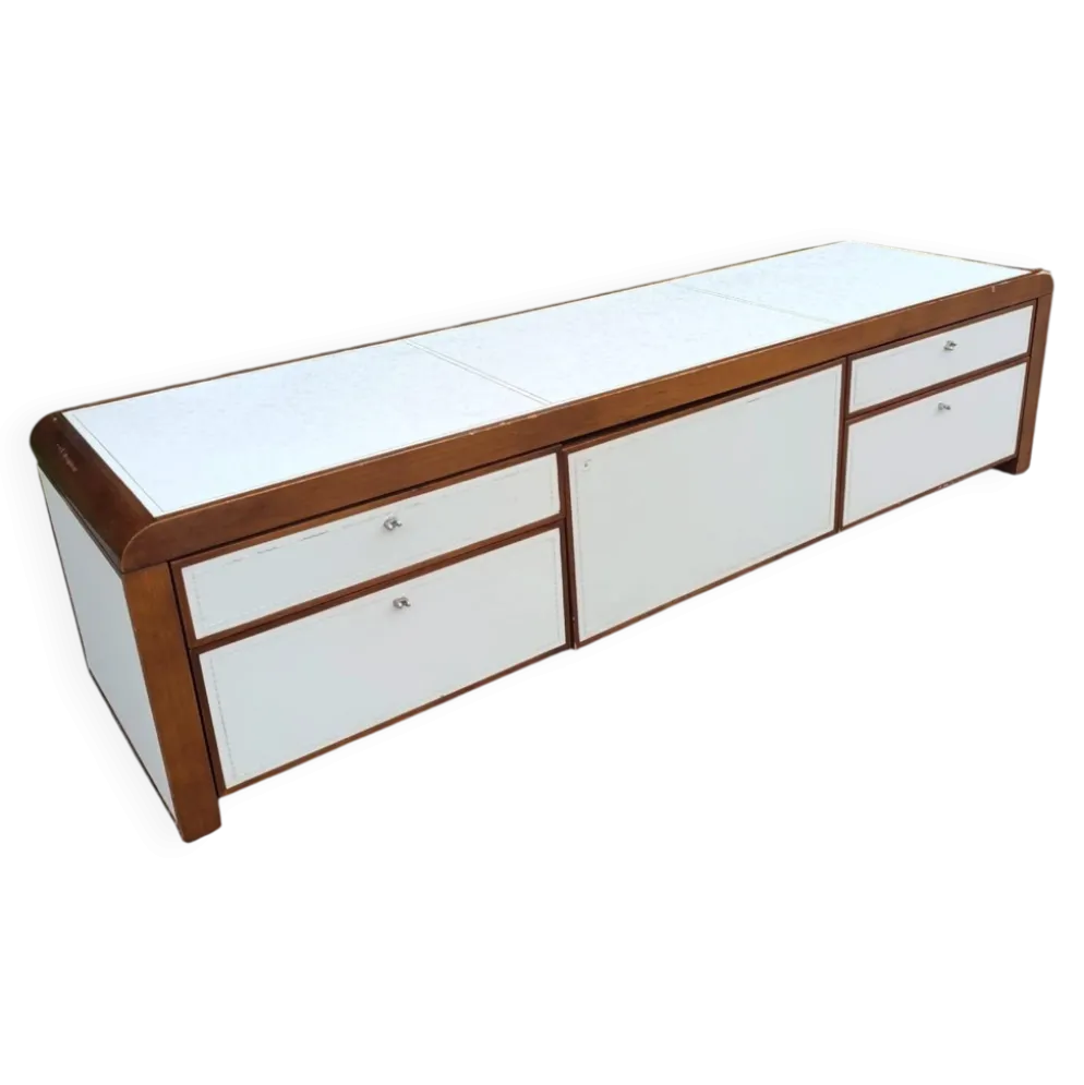 Enfilade / meuble tv cuir surpiqué par Michel boyer 60/70