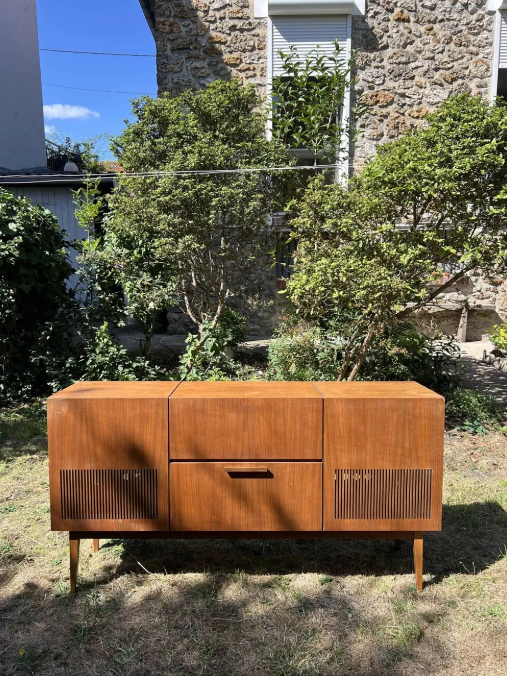 Enfilade mid-century tourne disque / meuble à vinyles