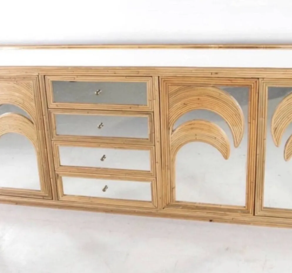 Enfilade « palmes » en rotin et miroirs