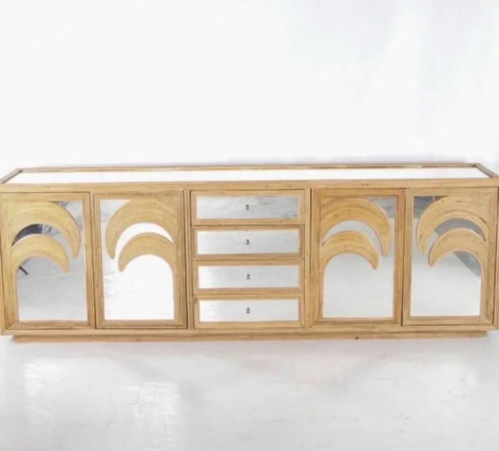 Enfilade « palmes » en rotin et miroirs