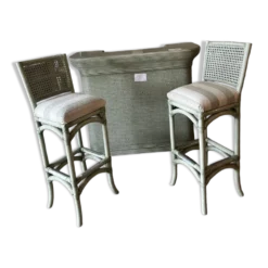 Ensemble bar et tabourets vintage en rotin