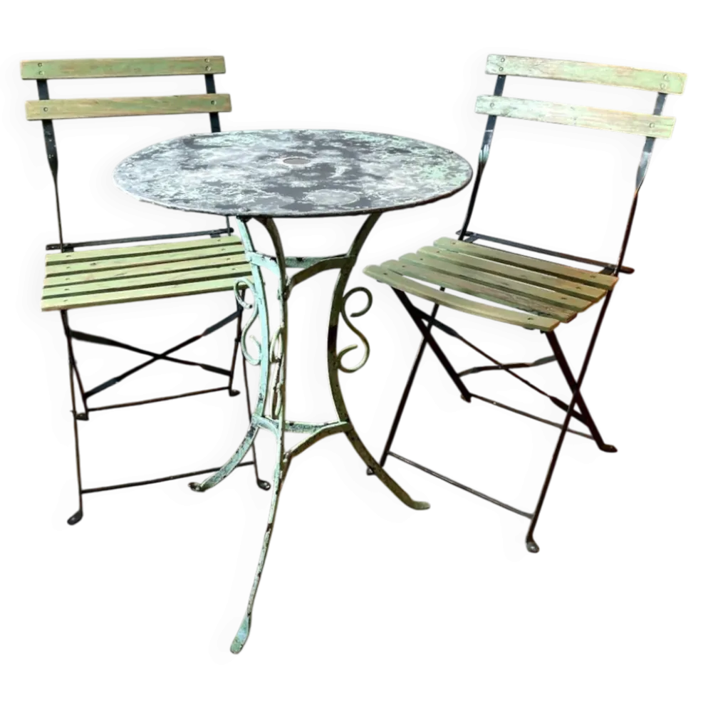 Ensemble bistrot ancien en fer forgé, table années 30 et chaises pliantes