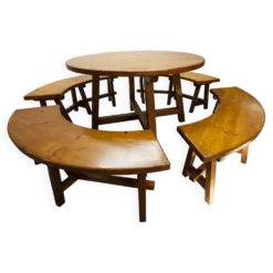 Ensemble brutaliste table ronde 113cm et ses 4 tabourets arrondis 1960