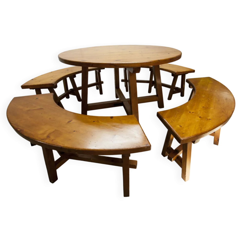 Ensemble brutaliste table ronde 113cm et ses 4 tabourets arrondis 1960