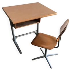 Ensemble bureau et chaise d'école Embru 1960s en bois marron et métal gris — set de 2