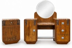 Ensemble coiffeuse 1930 Art Déco en Noyer avec dessus marbre et chevet