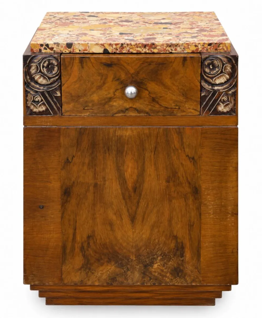 Ensemble coiffeuse 1930 Art Déco en Noyer avec dessus marbre et chevet