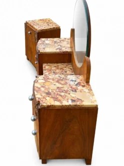 Ensemble coiffeuse 1930 Art Déco en Noyer avec dessus marbre et chevet