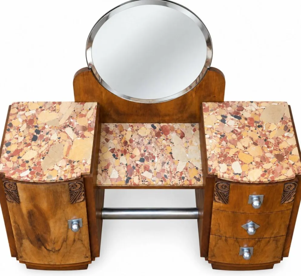 Ensemble coiffeuse 1930 Art Déco en Noyer avec dessus marbre et chevet
