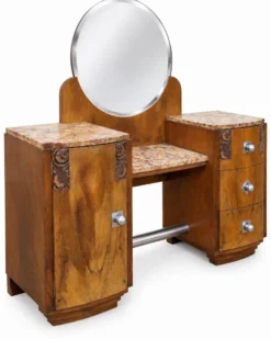 Ensemble coiffeuse 1930 Art Déco en Noyer avec dessus marbre et chevet