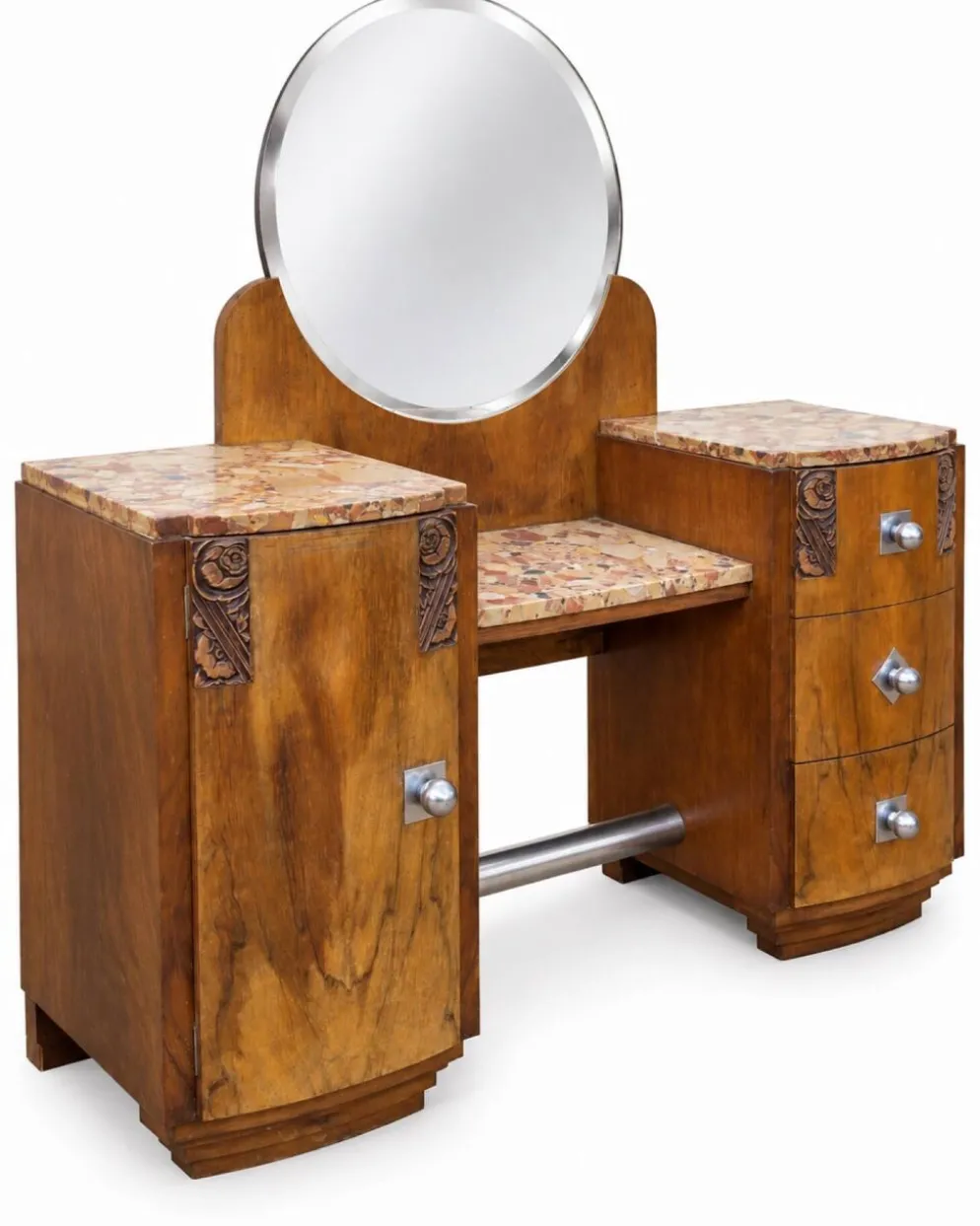 Ensemble coiffeuse 1930 Art Déco en Noyer avec dessus marbre et chevet