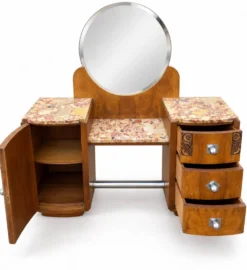 Ensemble coiffeuse 1930 Art Déco en Noyer avec dessus marbre et chevet