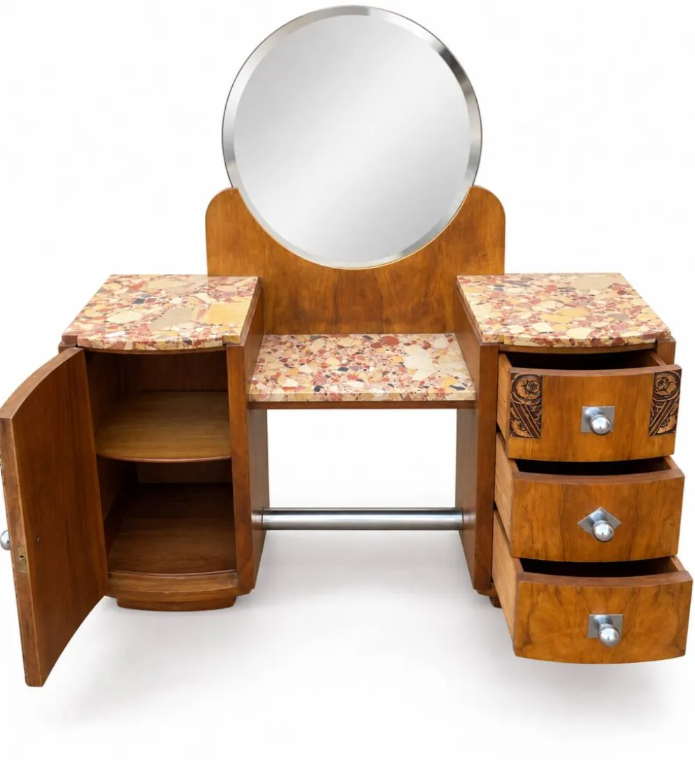 Ensemble coiffeuse 1930 Art Déco en Noyer avec dessus marbre et chevet