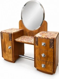 Ensemble coiffeuse 1930 Art Déco en Noyer avec dessus marbre et chevet