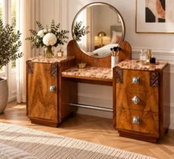 Ensemble coiffeuse 1930 Art Déco en Noyer avec dessus marbre et chevet