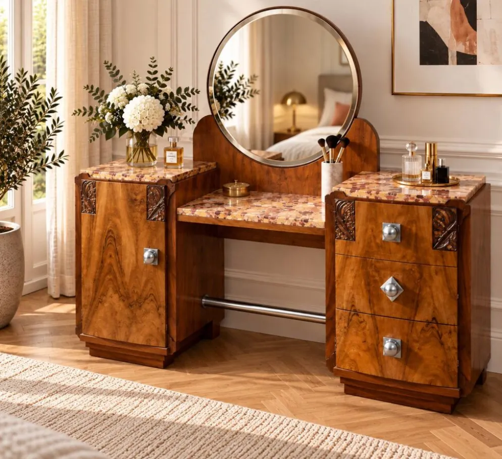 Ensemble coiffeuse 1930 Art Déco en Noyer avec dessus marbre et chevet