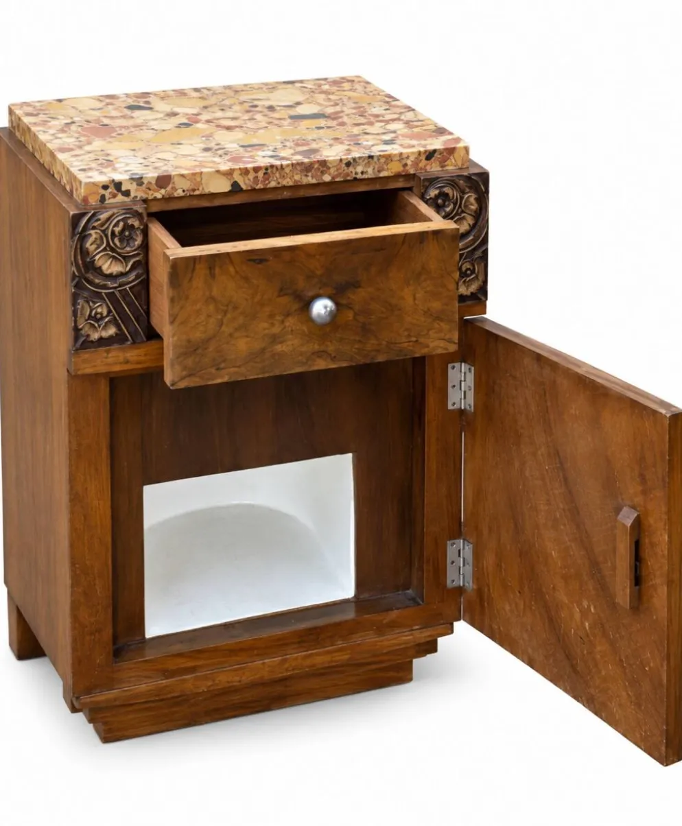 Ensemble coiffeuse 1930 Art Déco en Noyer avec dessus marbre et chevet