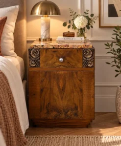 Ensemble coiffeuse 1930 Art Déco en Noyer avec dessus marbre et chevet