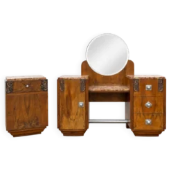Ensemble coiffeuse 1930 Art Déco en Noyer avec dessus marbre et chevet