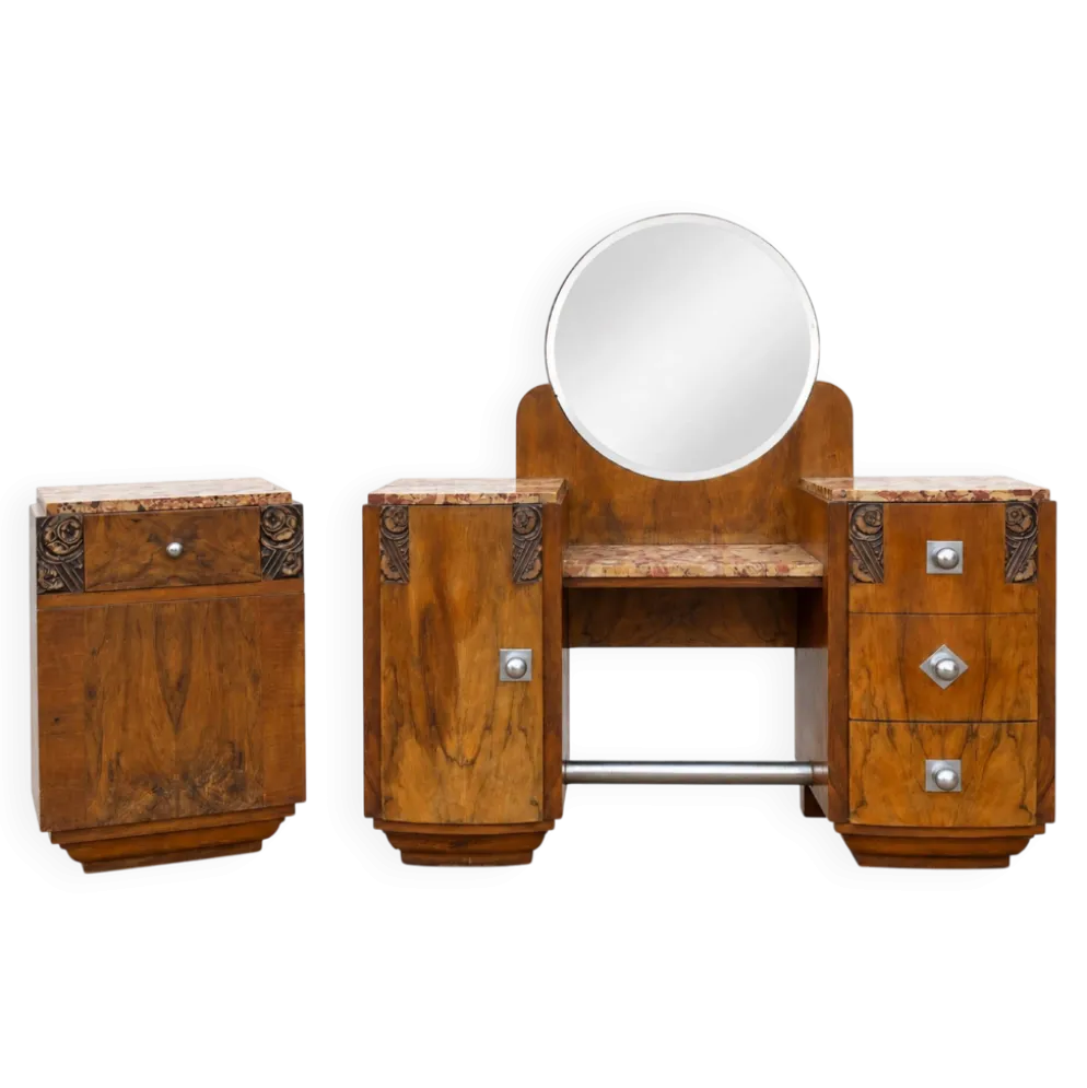 Ensemble coiffeuse 1930 Art Déco en Noyer avec dessus marbre et chevet