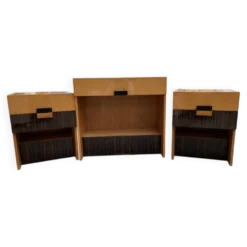 Ensemble coiffeuse et 2 tables de chevet mid-century marron et noir en laque