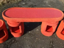 Ensemble coiffeuse vintage corail en tissu, 6 pièces (table, miroir, ottoman, chevet)