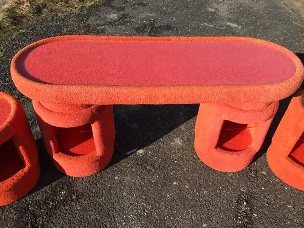 Ensemble coiffeuse vintage corail en tissu, 6 pièces (table, miroir, ottoman, chevet)