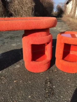 Ensemble coiffeuse vintage corail en tissu, 6 pièces (table, miroir, ottoman, chevet)