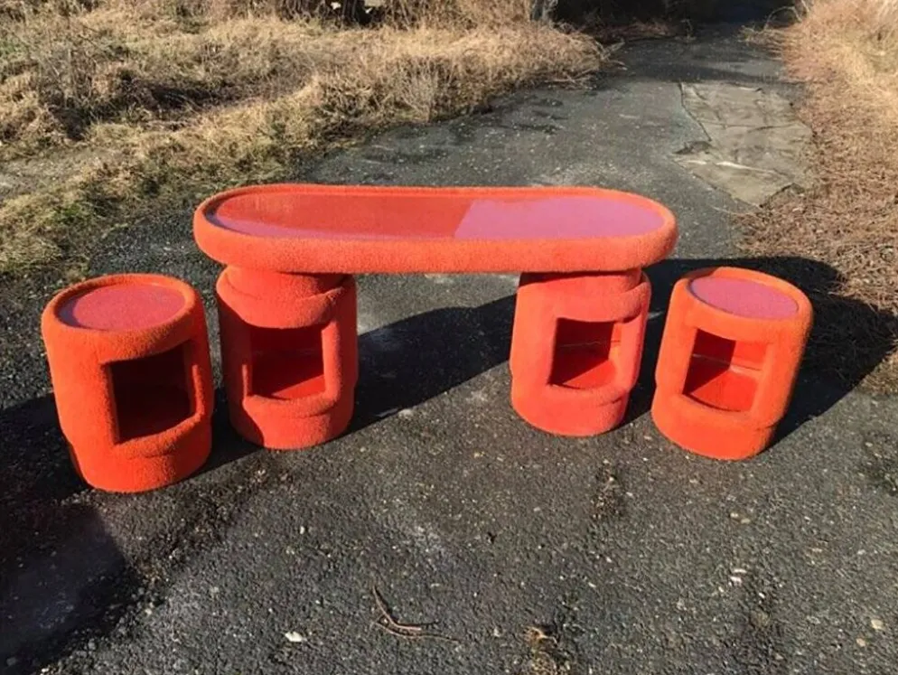 Ensemble coiffeuse vintage corail en tissu, 6 pièces (table, miroir, ottoman, chevet)