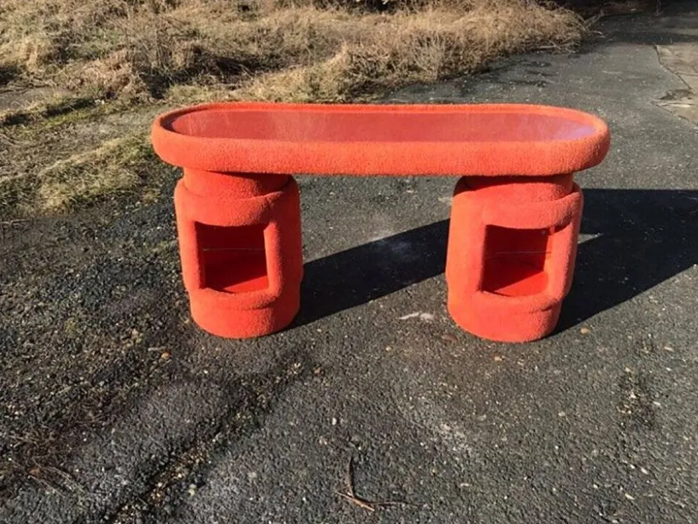Ensemble coiffeuse vintage corail en tissu, 6 pièces (table, miroir, ottoman, chevet)