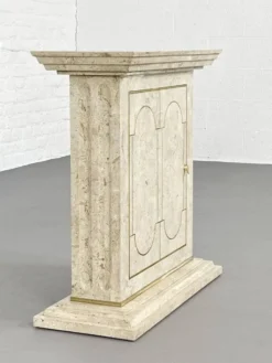 Ensemble console et miroir des années 80 en marqueterie de pierre et laiton