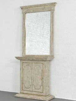 Ensemble console et miroir des années 80 en marqueterie de pierre et laiton