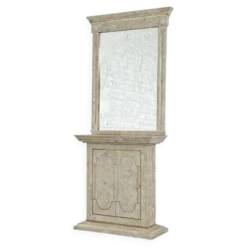 Ensemble console et miroir des années 80 en marqueterie de pierre et laiton
