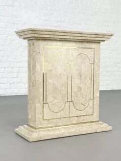 Ensemble console et miroir des années 80 en marqueterie de pierre et laiton
