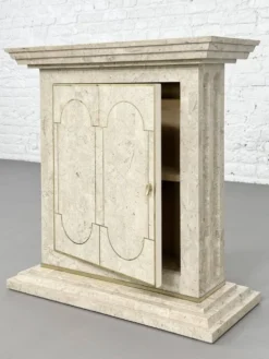 Ensemble console et miroir des années 80 en marqueterie de pierre et laiton