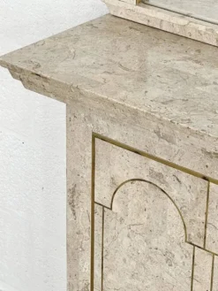 Ensemble console et miroir des années 80 en marqueterie de pierre et laiton