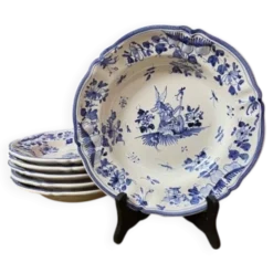 Ensemble de 6 assiettes creuses décor bleu Moustiers