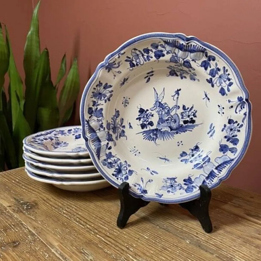 Ensemble de 6 assiettes creuses décor bleu Moustiers