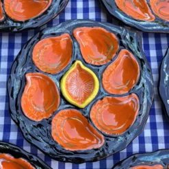 Ensemble de 6 assiettes à huîtres vintage Gabriel Fourmaintraux des années 1960.