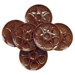 Ensemble de 6 assiettes à huîtres en majolique brune pour 6 huîtres et citron 4951