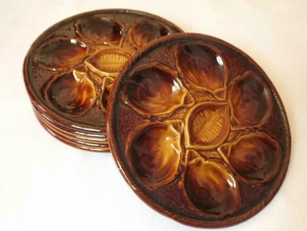 Ensemble de 6 assiettes à huîtres en majolique Français vintage par St Clements France