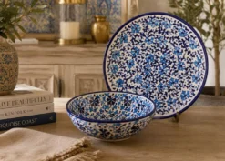Ensemble de bol et assiette en céramique turque fait main, assiette bleue florale d'Iznik